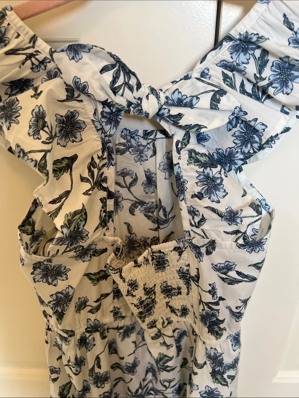 Crewcuts White Dress with Blue Floral Print and Ruffle Sleeves